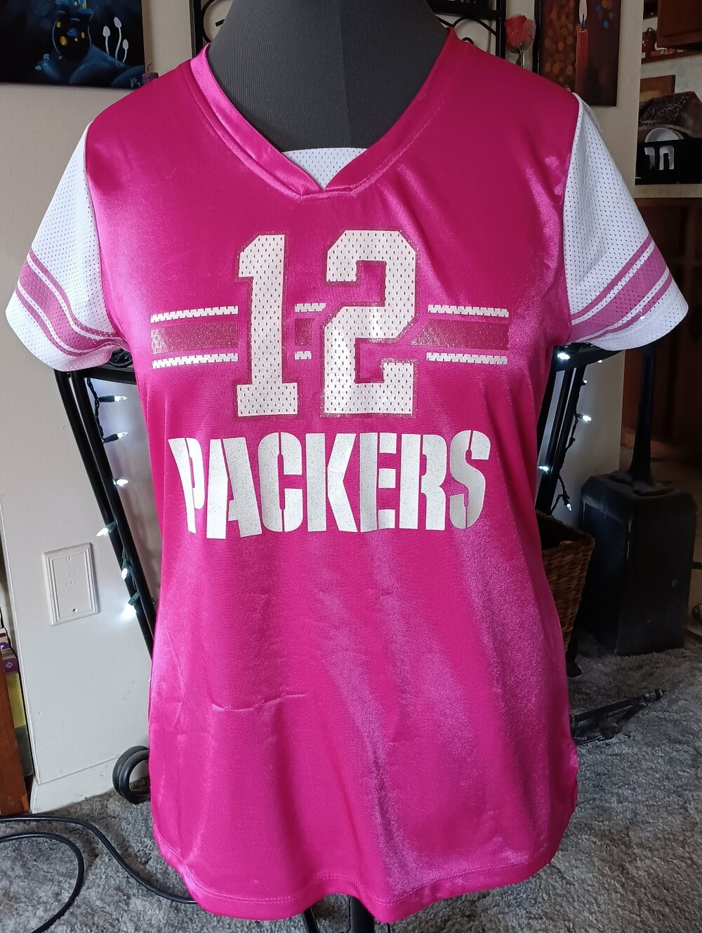🩷 Green Bay Packers Aaron Rodgers Pink NFL Jersey XL Team Apparel Glitter White